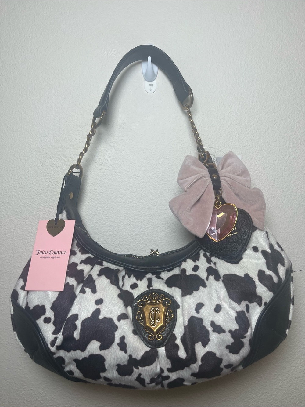Juicy Couture Viral Black & White Cow Print Hobo Shoulder Bag with Pink BowCharm